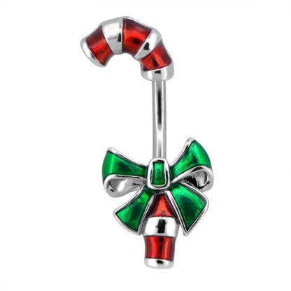 14G Bowknot Candy Cane Christmas Belly Button Rings - OUFER BODY JEWELRY 