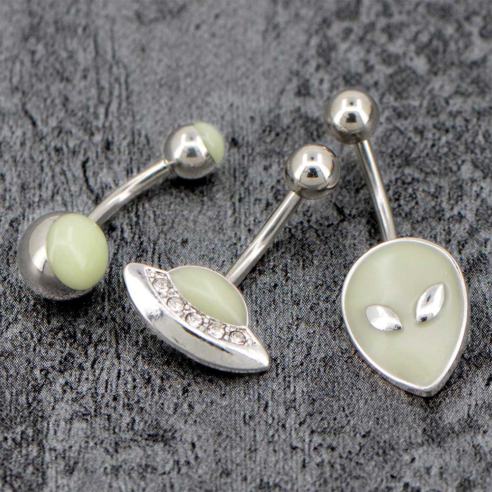 3PCS Stainless Steel Alien Theme Glow in The Dark Belly Rings Pack - OUFER BODY JEWELRY 