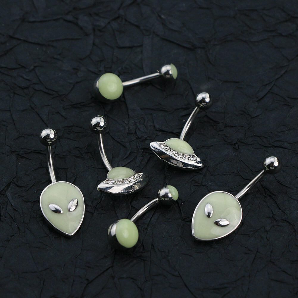 3PCS Stainless Steel Alien Theme Glow in The Dark Belly Rings Pack - OUFER BODY JEWELRY 