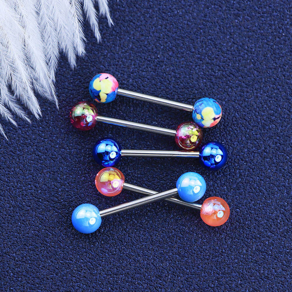 14G 5Pcs Blue Pink Flower Tongue Barbell Ring - OUFER BODY JEWELRY 