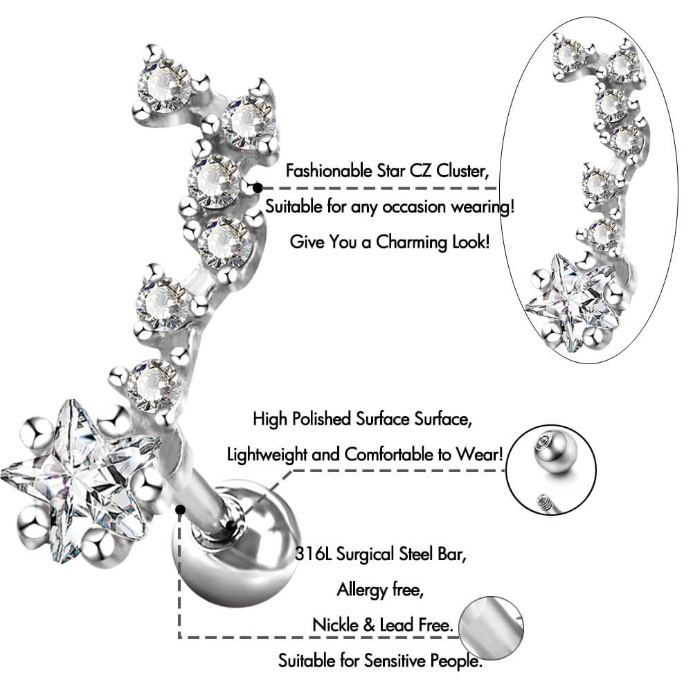 16G Star CZ Beads Cluster Helix Stud Earring - OUFER BODY JEWELRY 