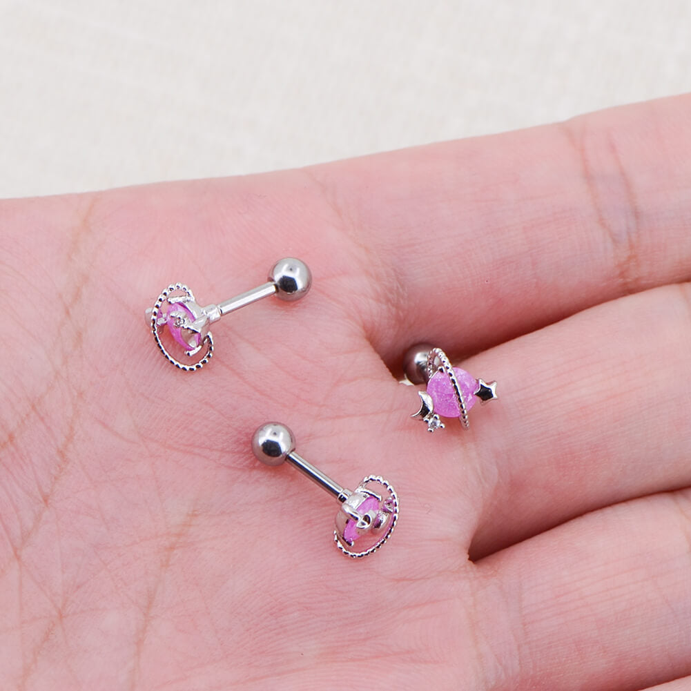 16G Pink Gemstone Silver and Rose Gold Planet Barbell Helix Stud - OUFER BODY JEWELRY 