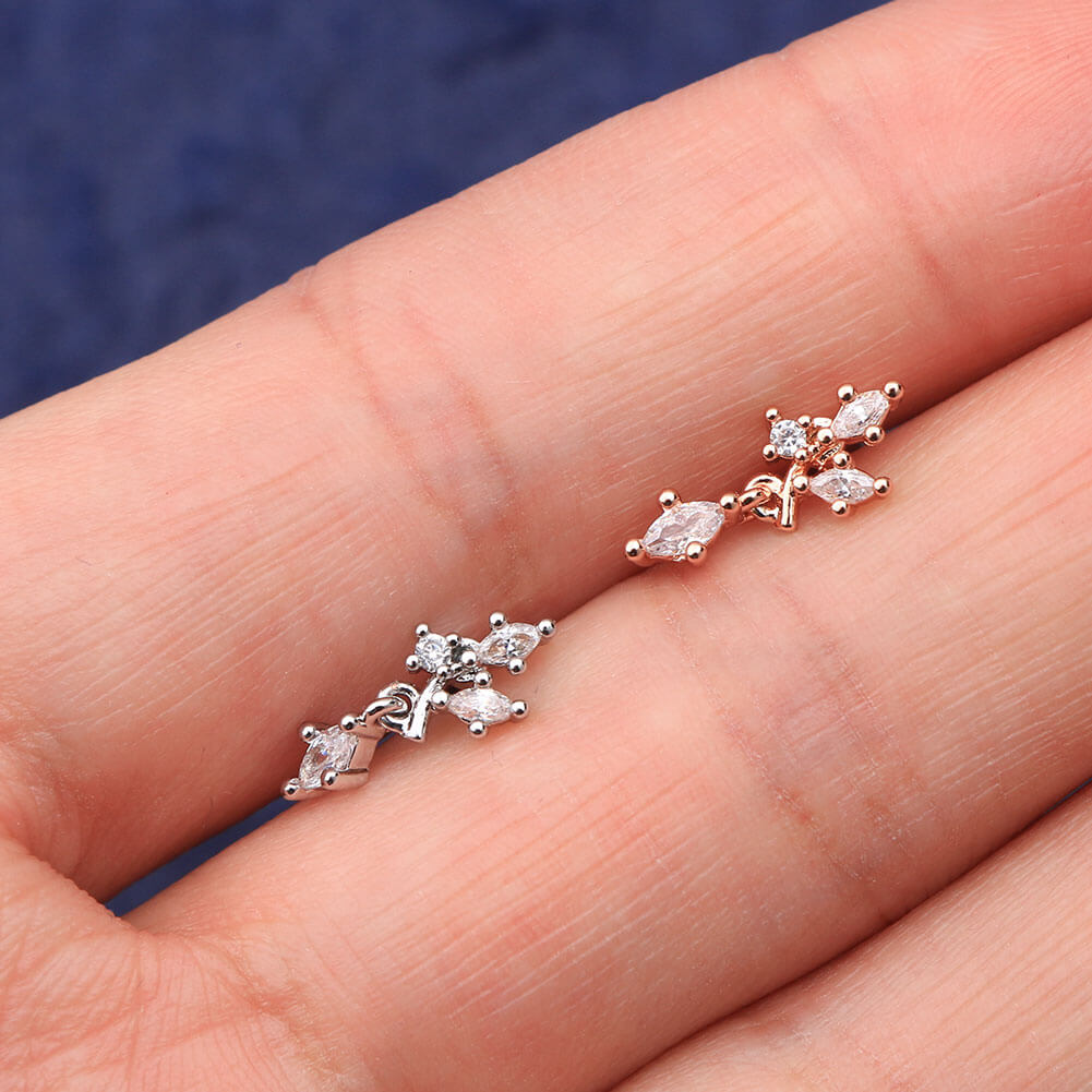 16G Clear CZ cuelga dendriform plata y oro rosa helix Studs