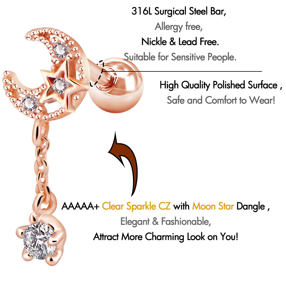 16G CZ Dangle Moon and Star Rose Gold Cartilage Stud - OUFER BODY JEWELRY 