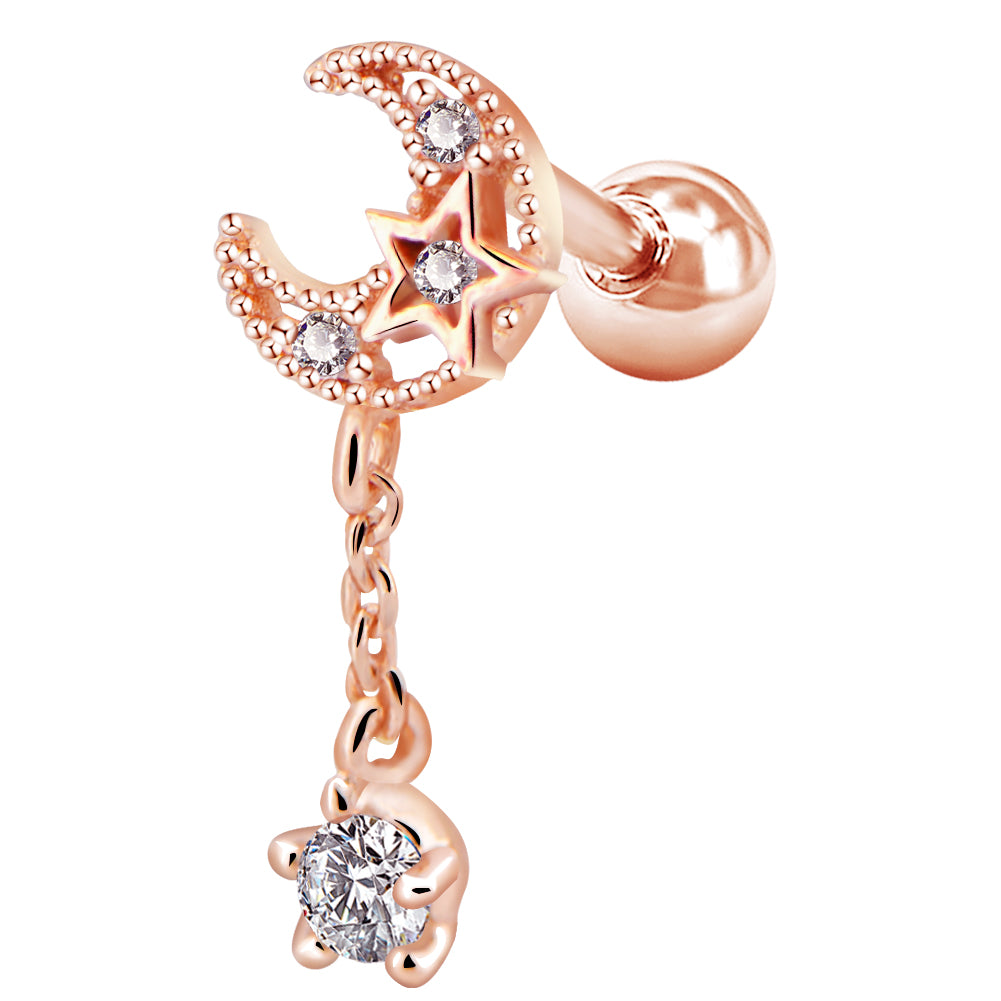 16G CZ Dangle Moon and Star Rose Gold Cartilage Stud - OUFER BODY JEWELRY 