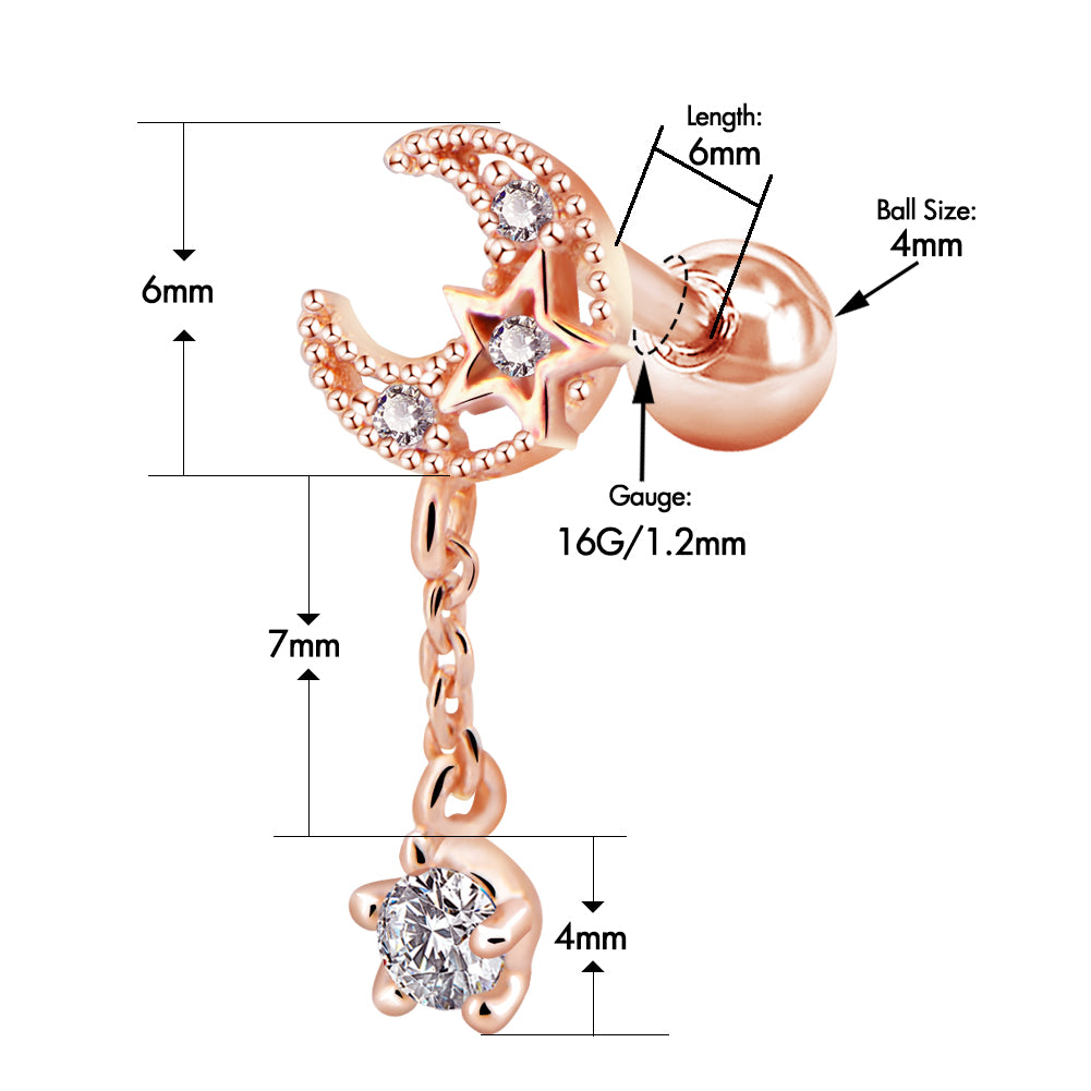 16G CZ Dangle Moon and Star Rose Gold Cartilage Stud - OUFER BODY JEWELRY 