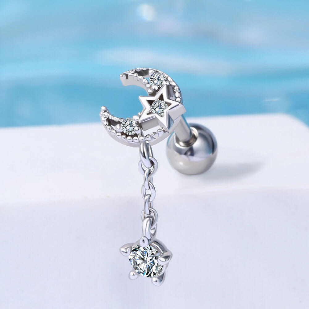 16G CZ Dangle Lune et Étoile Or Rose Cartilage Stud