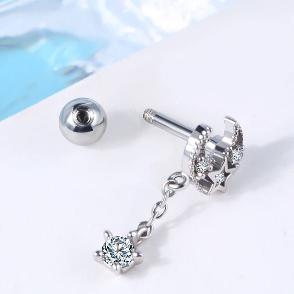 16G CZ Dangle Lune et Étoile Or Rose Cartilage Stud