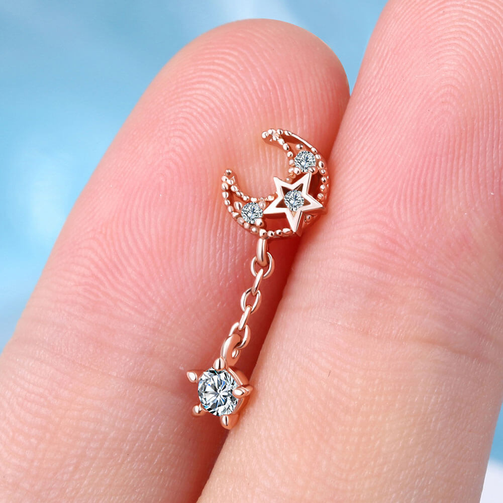 16G CZ Dangle Moon and Star Rose Gold Cartilage Stud