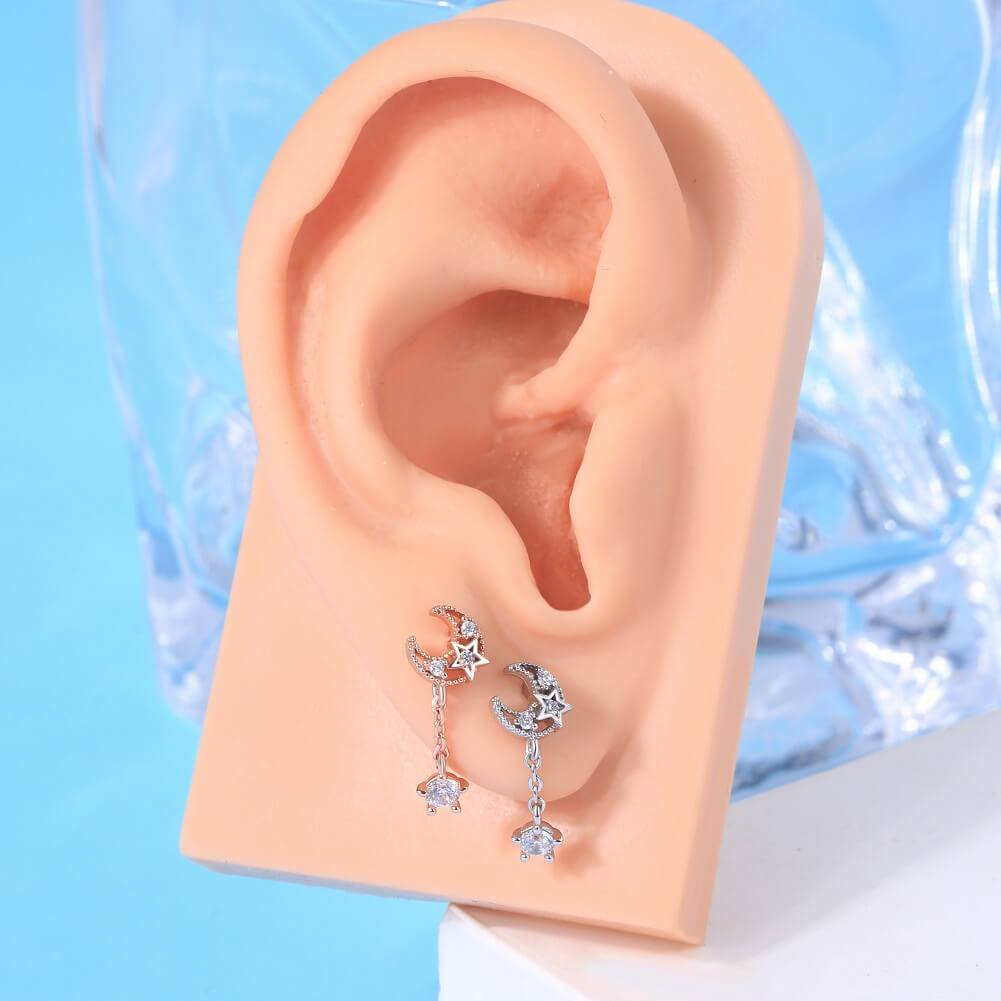 16G CZ Dangle Moon and Star Rose Gold Cartilage Stud