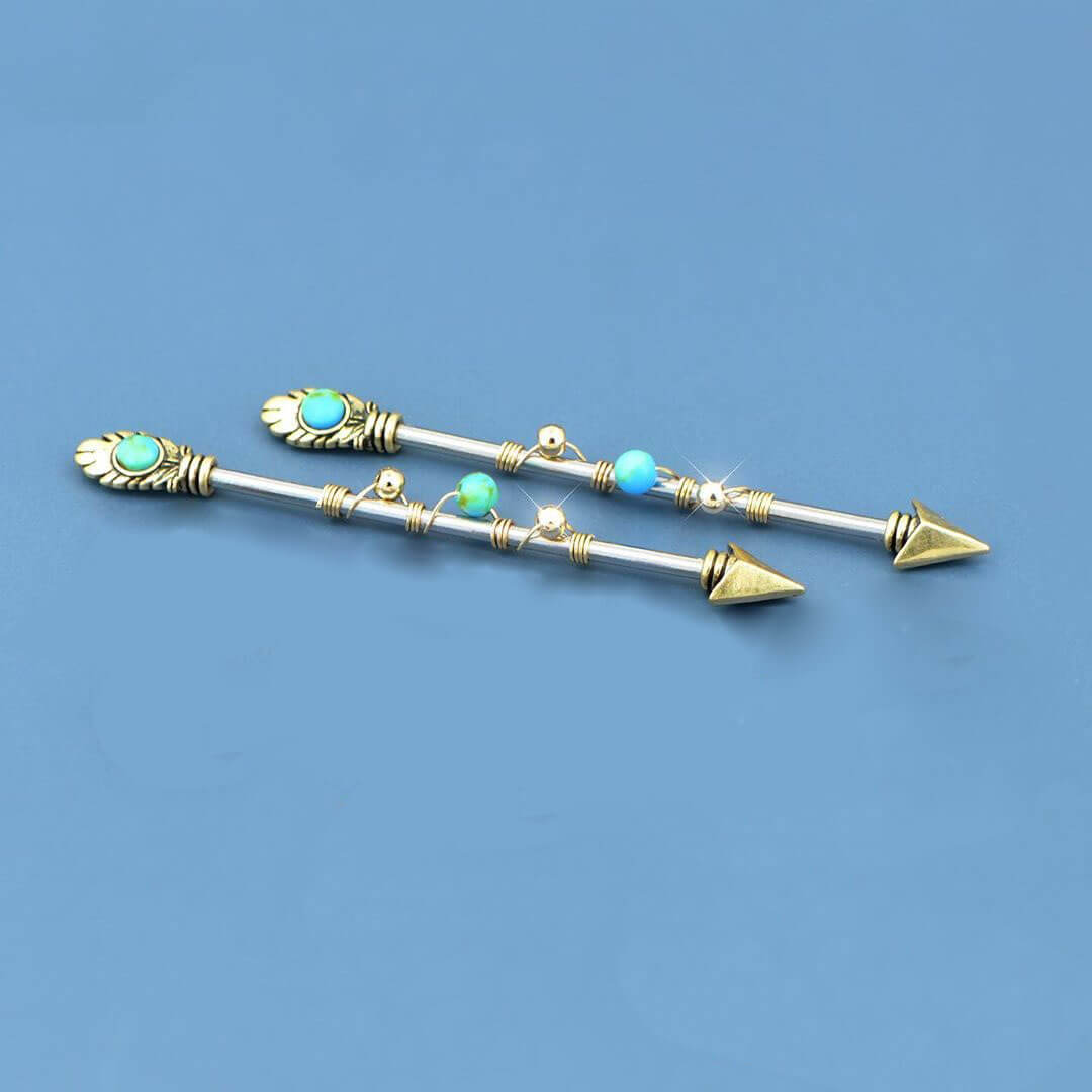 14G Gold Feather Arrow Beads Winding Industrial Barbell - OUFER BODY JEWELRY 