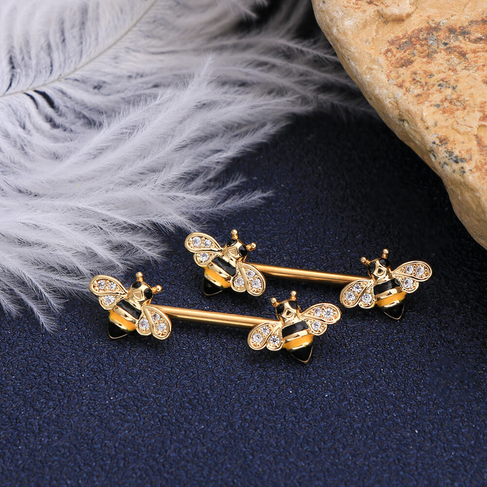 14G Crystal CZ Golden Honeybee Nipple Barbell Jewelry - OUFER BODY JEWELRY