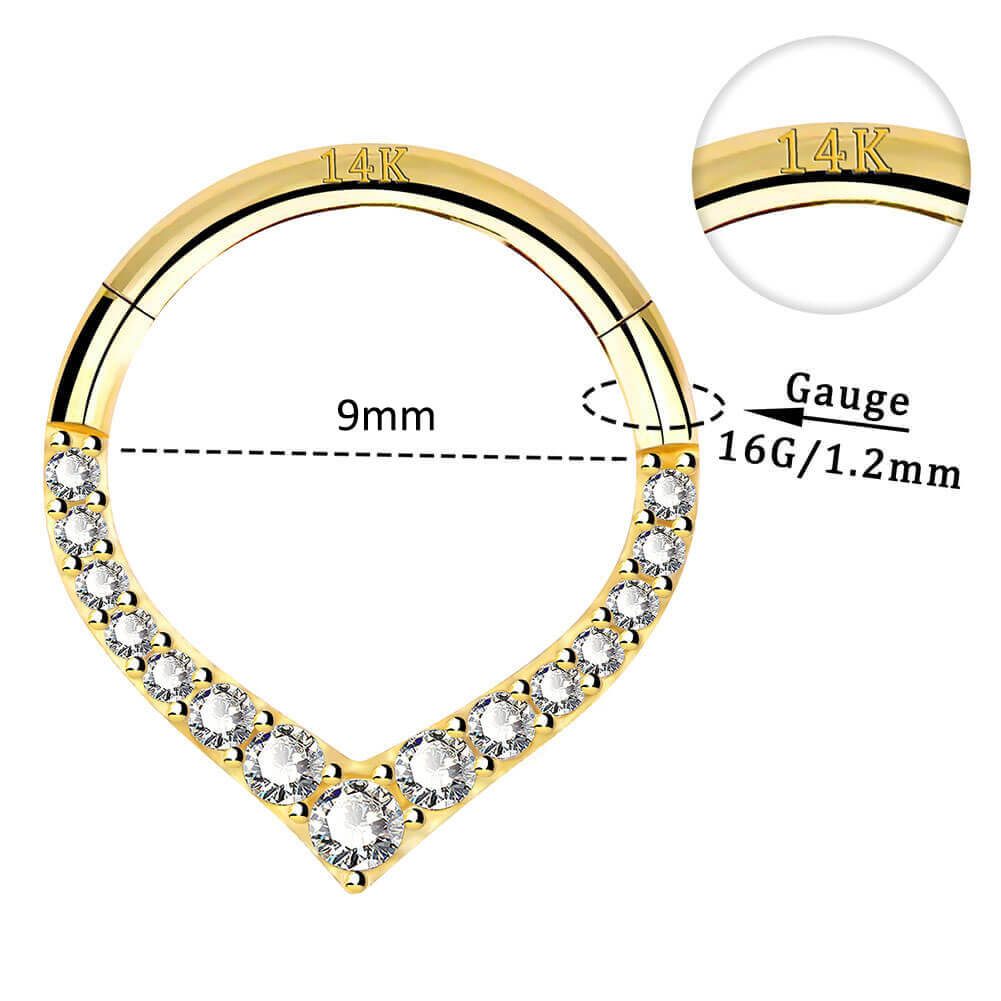 14K Gold CZ V-Shape Septum Ring 16G Daith Earring