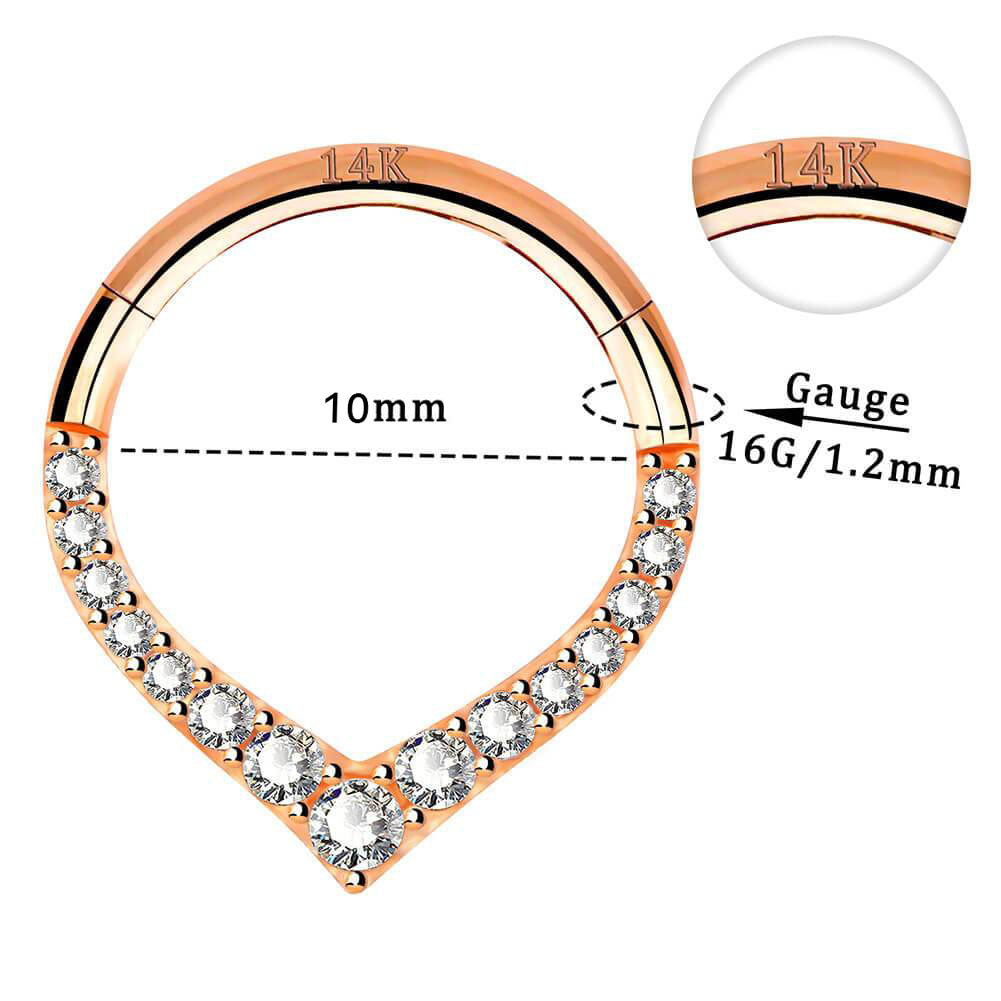 14K Rose Gold CZ V-Shape Septum Ring 16G Daith Earring