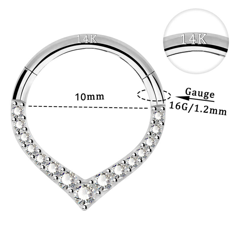 14K White Gold CZ V-Shape Septum Ring 16G Daith Earring