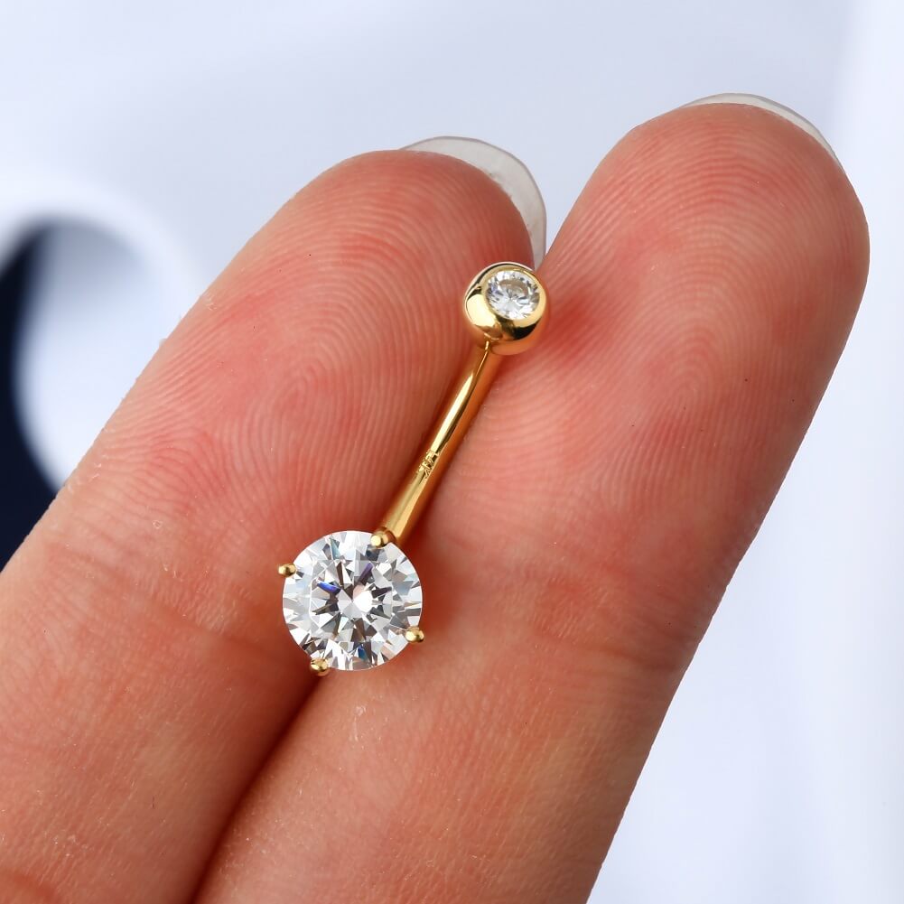 14K Gold Belly Ring 14G Round CZ Diamond Belly Button Ring - OUFER BODY JEWELRY