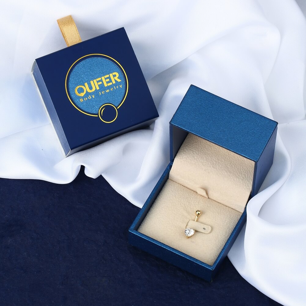 14K Gold Belly Button Rings 14G Heart Solitaire CZ Navel Ring