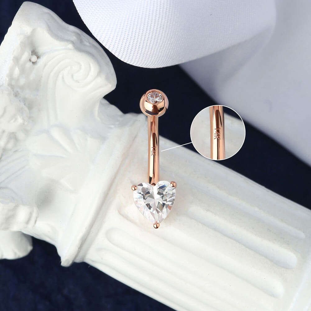 14K Rose Gold Belly Button Rings 14G Heart Solitaire CZ Navel Ring - OUFER BODY JEWELRY