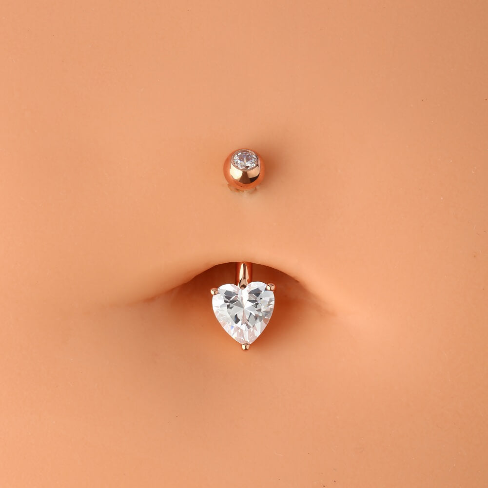 14K Rose Gold Belly Button Rings 14G Heart Solitaire CZ Navel Ring - OUFER BODY JEWELRY