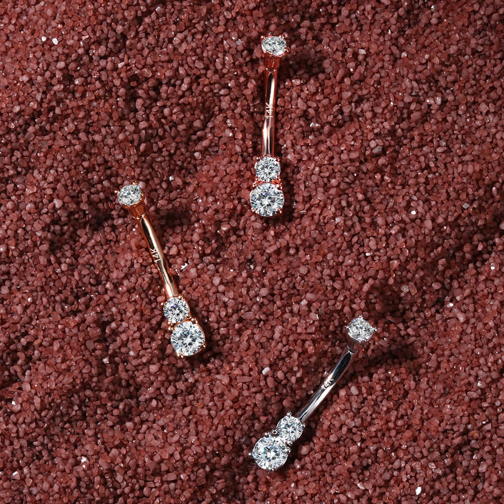 14K Real Gold Belly Ring 14G Three Round Solitaire CZ Navel Ring