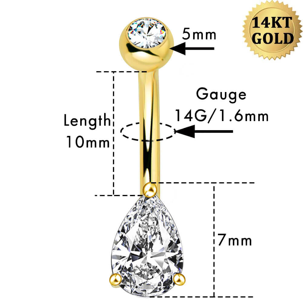 14K Gold Belly Rings 14G Solitaire Teardrop CZ Navel Ring - OUFER BODY JEWELRY