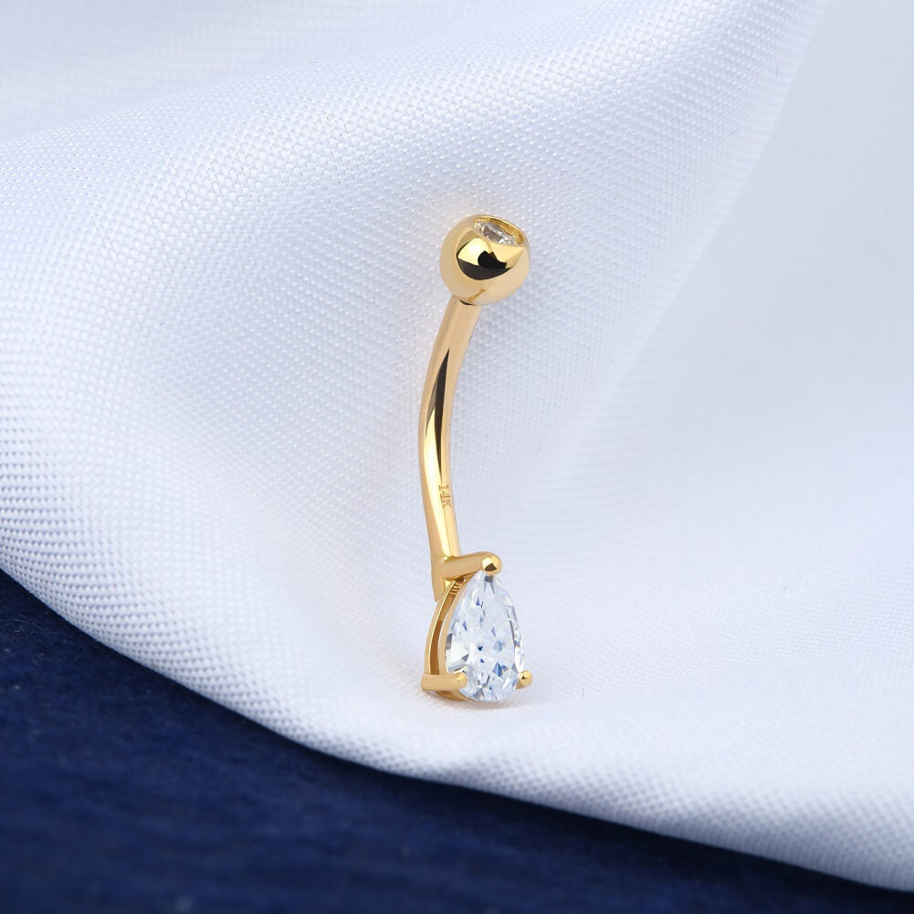 14K Gold Belly Rings 14G Solitaire Teardrop CZ Navel Ring - OUFER BODY JEWELRY