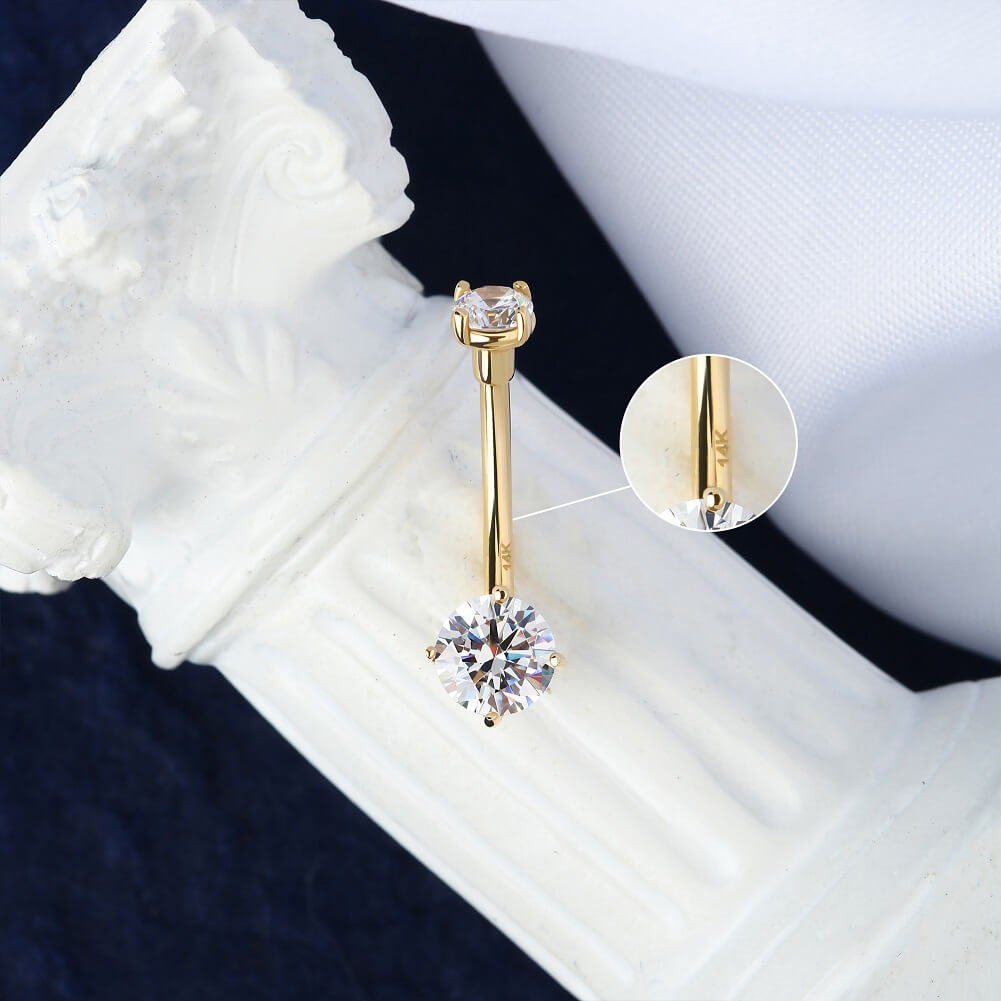 14K Solid Gold Navel Ring Top and Bottom CZ Belly Button Ring - OUFER BODY JEWELRY