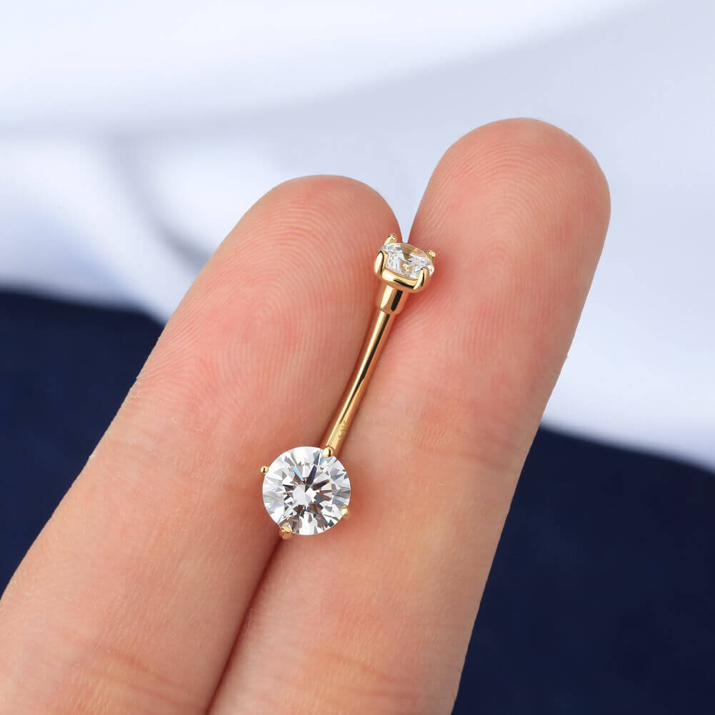14K Solid Gold Navel Ring Top and Bottom CZ Belly Button Ring - OUFER BODY JEWELRY