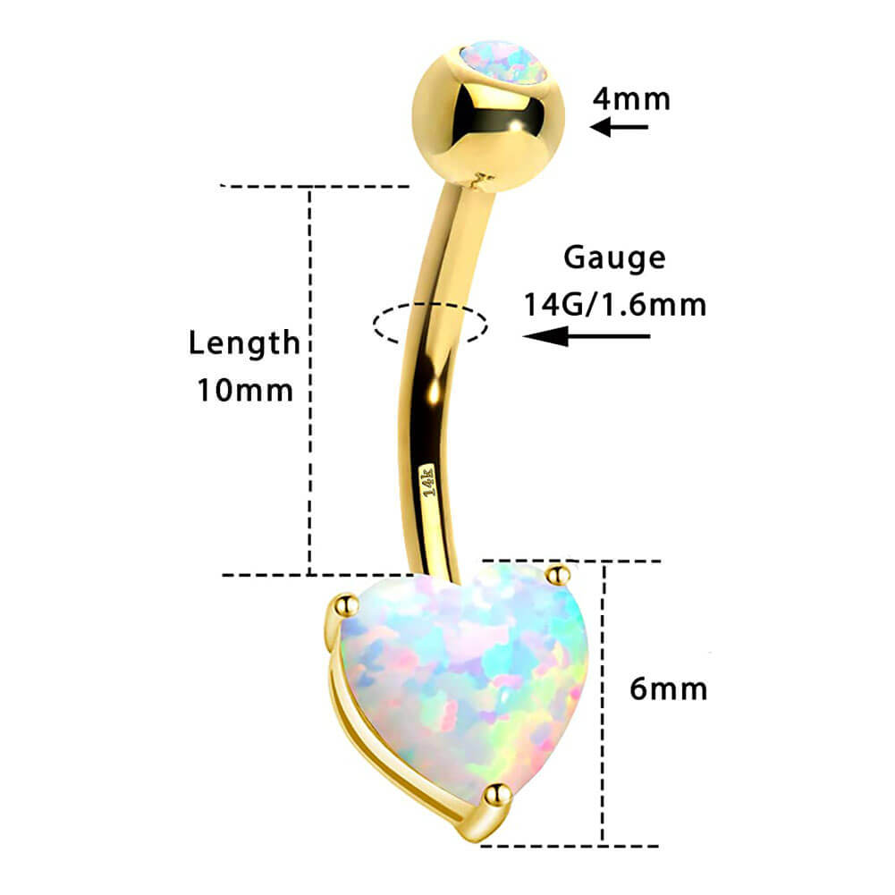 Anneau de nombril en opale de coeur en or 14 carats Anneau de nombril 14G