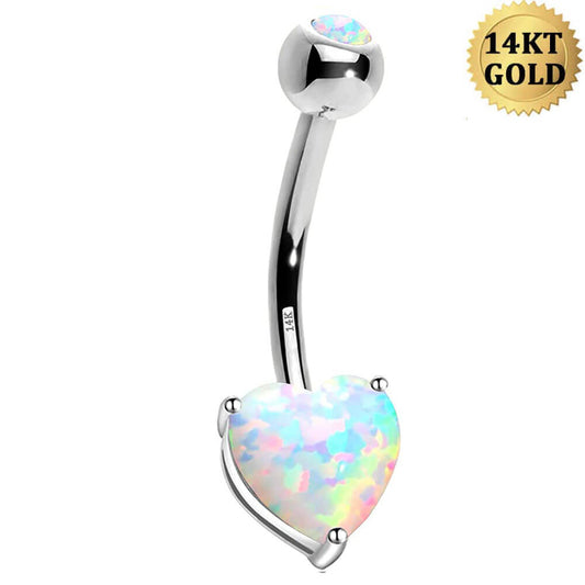 14K White Gold Heart Opal 14G Belly Button Ring Navel Belly Jewelry