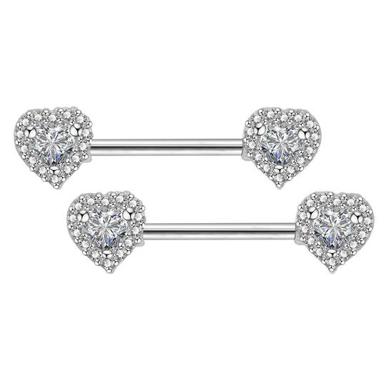 2Pcs 14G 316L Stainless Steel CZ Heart Nipple Ring - OUFER BODY JEWELRY 