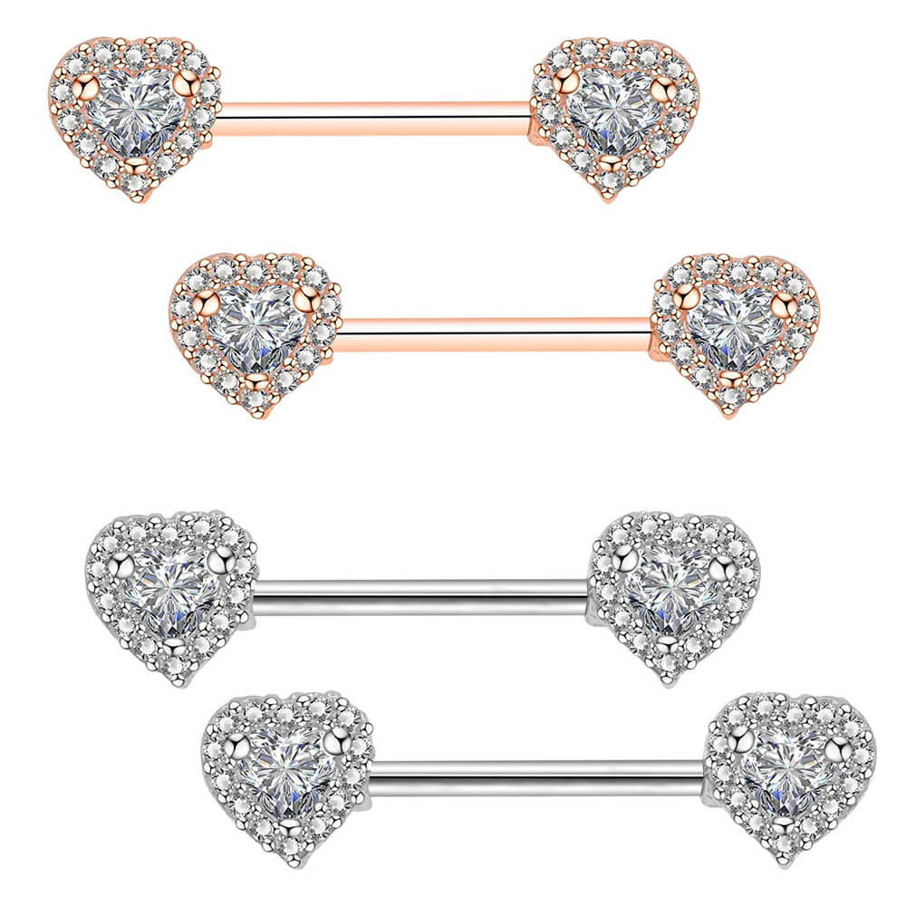 2Pcs 14G 316L Stainless Steel CZ Heart Nipple Ring - OUFER BODY JEWELRY 