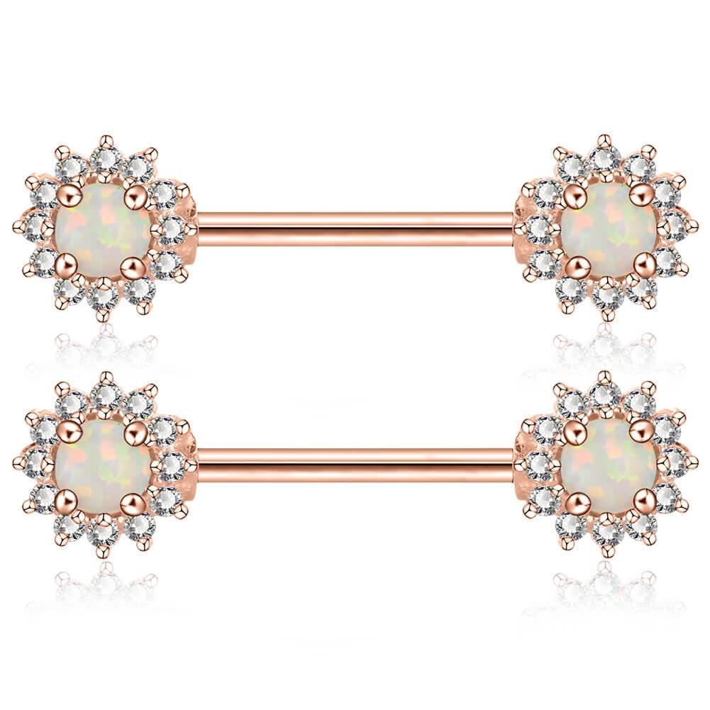 14G 316L Stainless Steel Barbell CZ Surrounded Opal Nipple Rings - OUFER BODY JEWELRY 