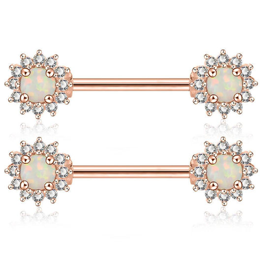 14G 316L Stainless Steel Barbell CZ Surrounded Opal Nipple Rings - OUFER BODY JEWELRY 