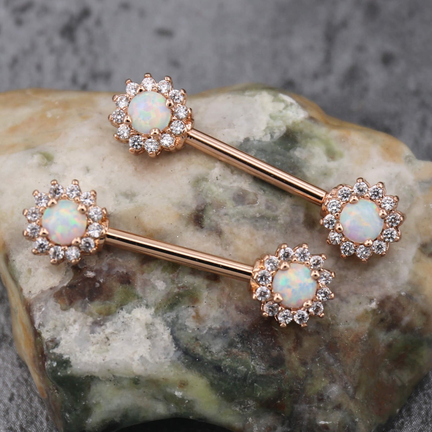 14G 316L Stainless Steel Barbell CZ Surrounded Opal Nipple Rings - OUFER BODY JEWELRY 
