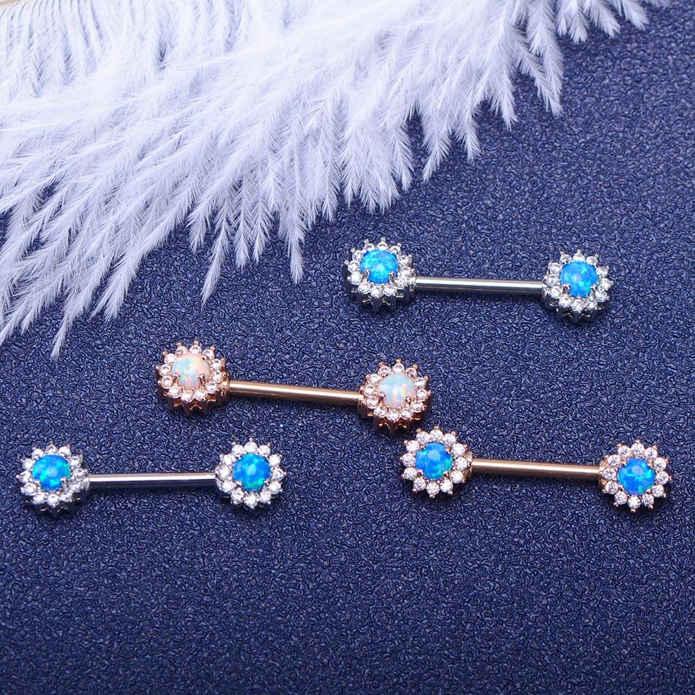 14G 316L Stainless Steel Barbell CZ Surrounded Opal Nipple Rings - OUFER BODY JEWELRY 