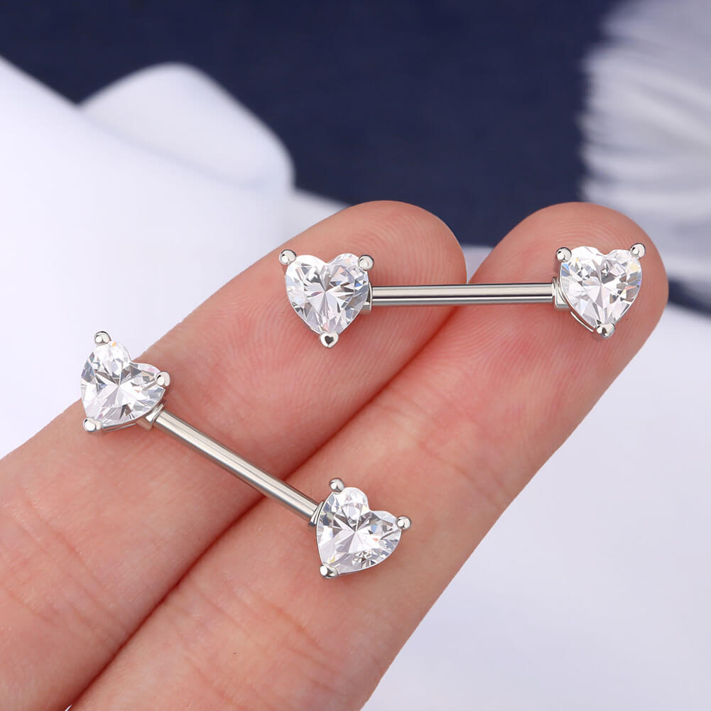 14G Heart Crystal CZ Silver and Rose Gold Nipple Ring Pair