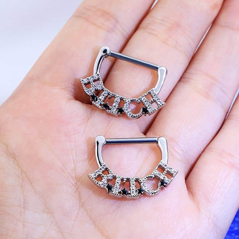 14G 2PCS Clear CZ Lettre Nipple Rings Nipple Clickers Ring