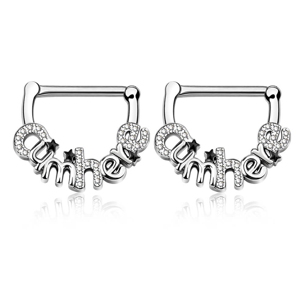 14G 2PCS Clear CZ Lettre Nipple Rings Nipple Clickers Ring