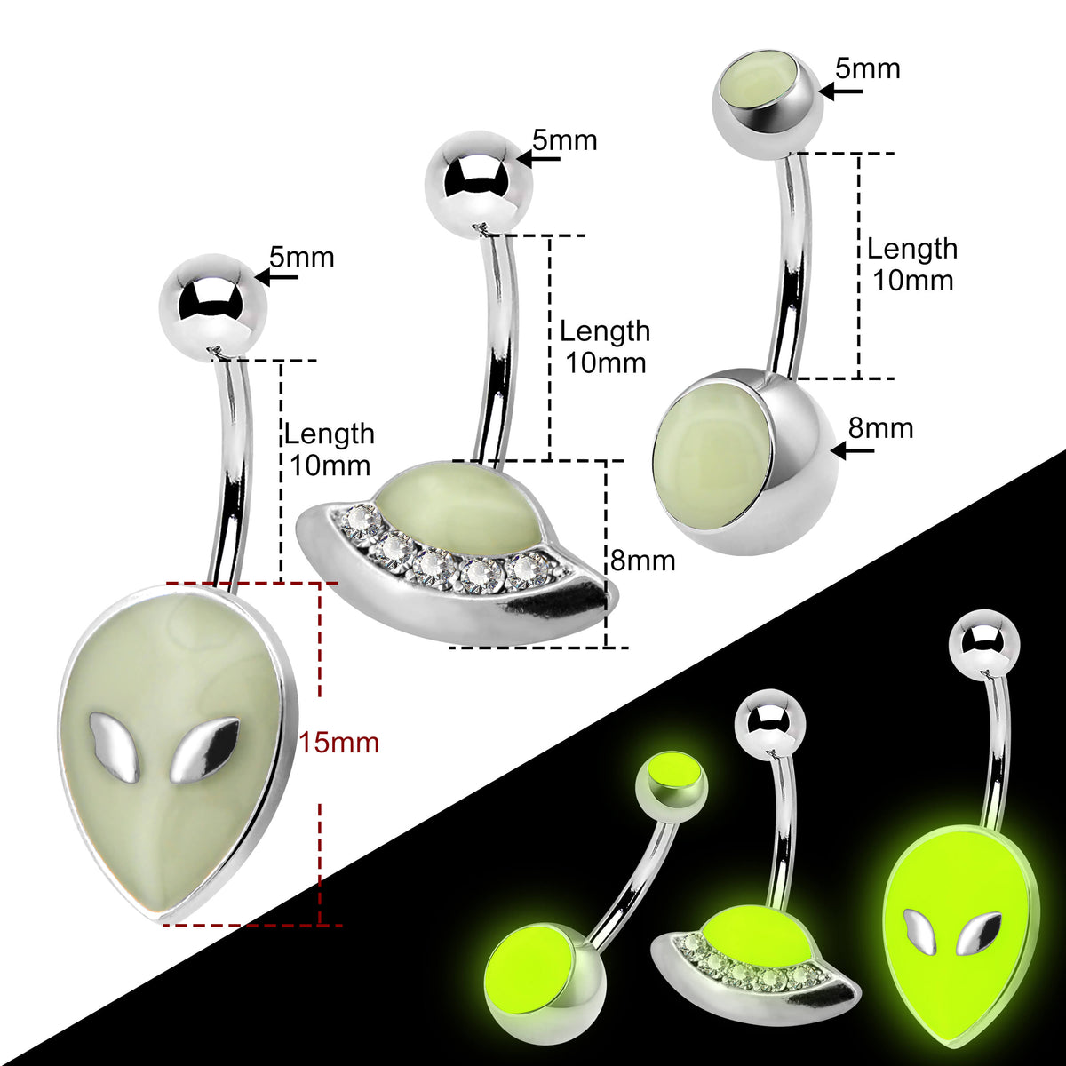 3Pcs 14G 316L Stainless Steel Alien Theme Light Up Belly Rings