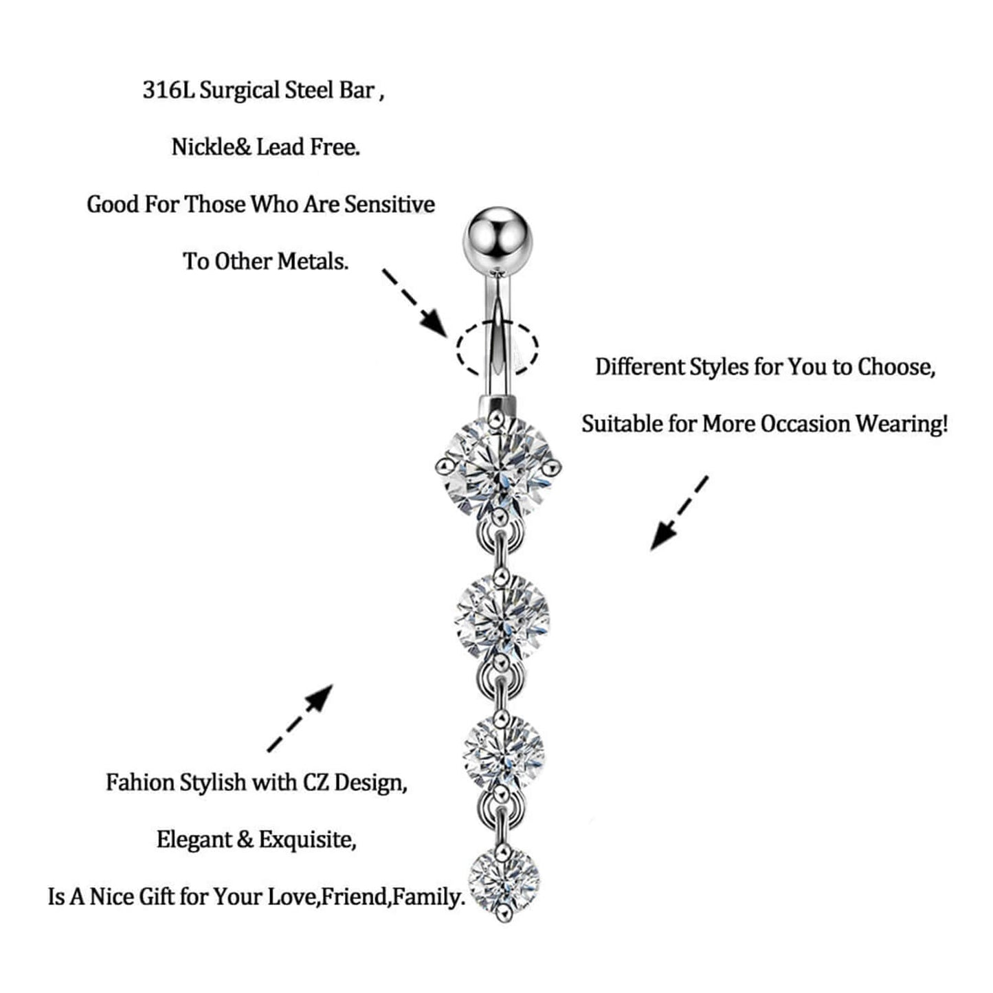 14G Round Clear CZ Dangle Simple Belly Button Ring