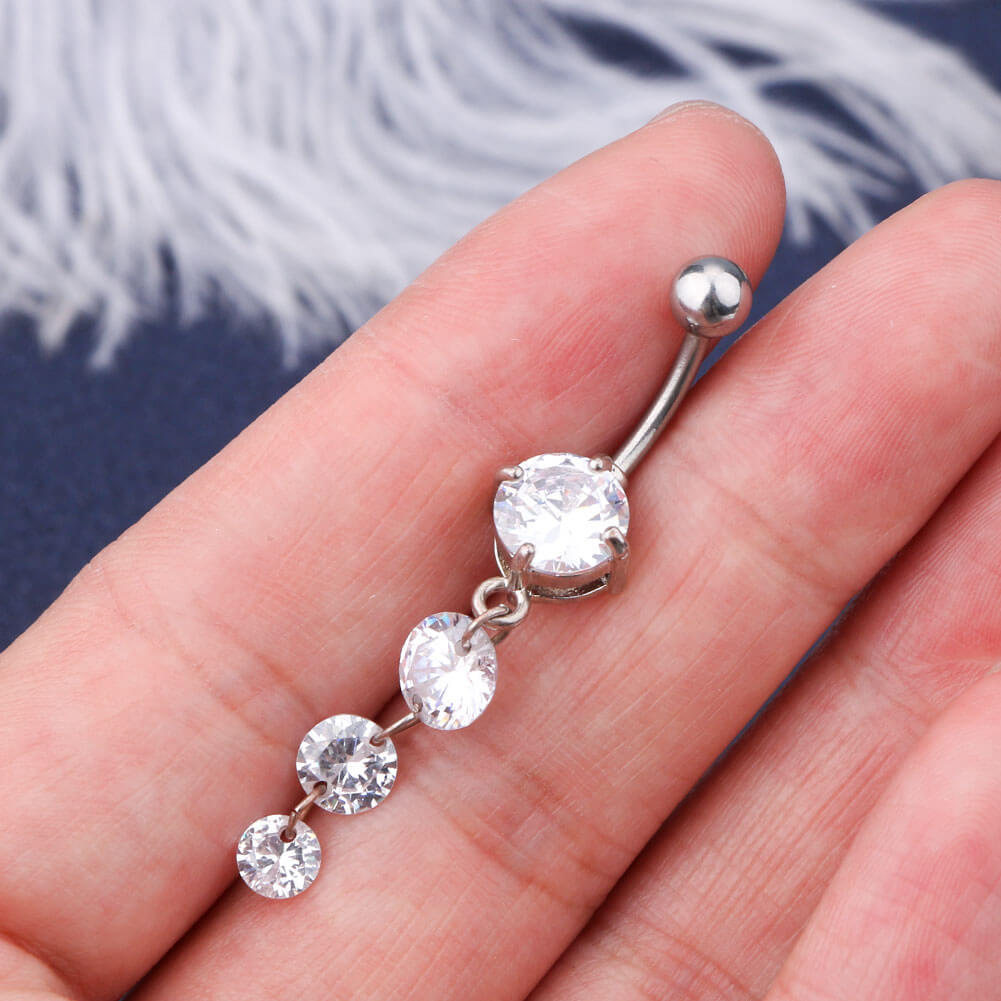 14G Surgical Steel Round Clear CZ Dangle Simple Belly Button Ring - OUFER BODY JEWELRY