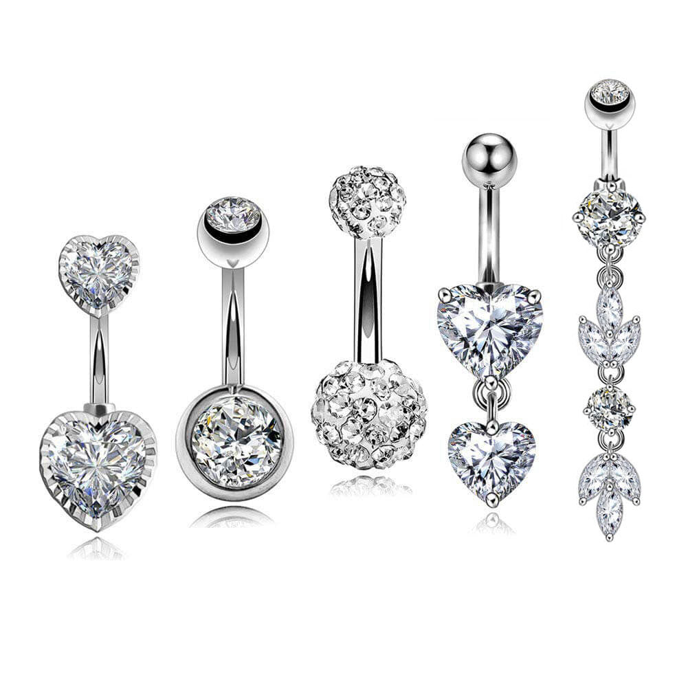 5Pcs 14G Crystal CZ Dangle and Stud Belly Rings Pack 1 - OUFER BODY JEWELRY 