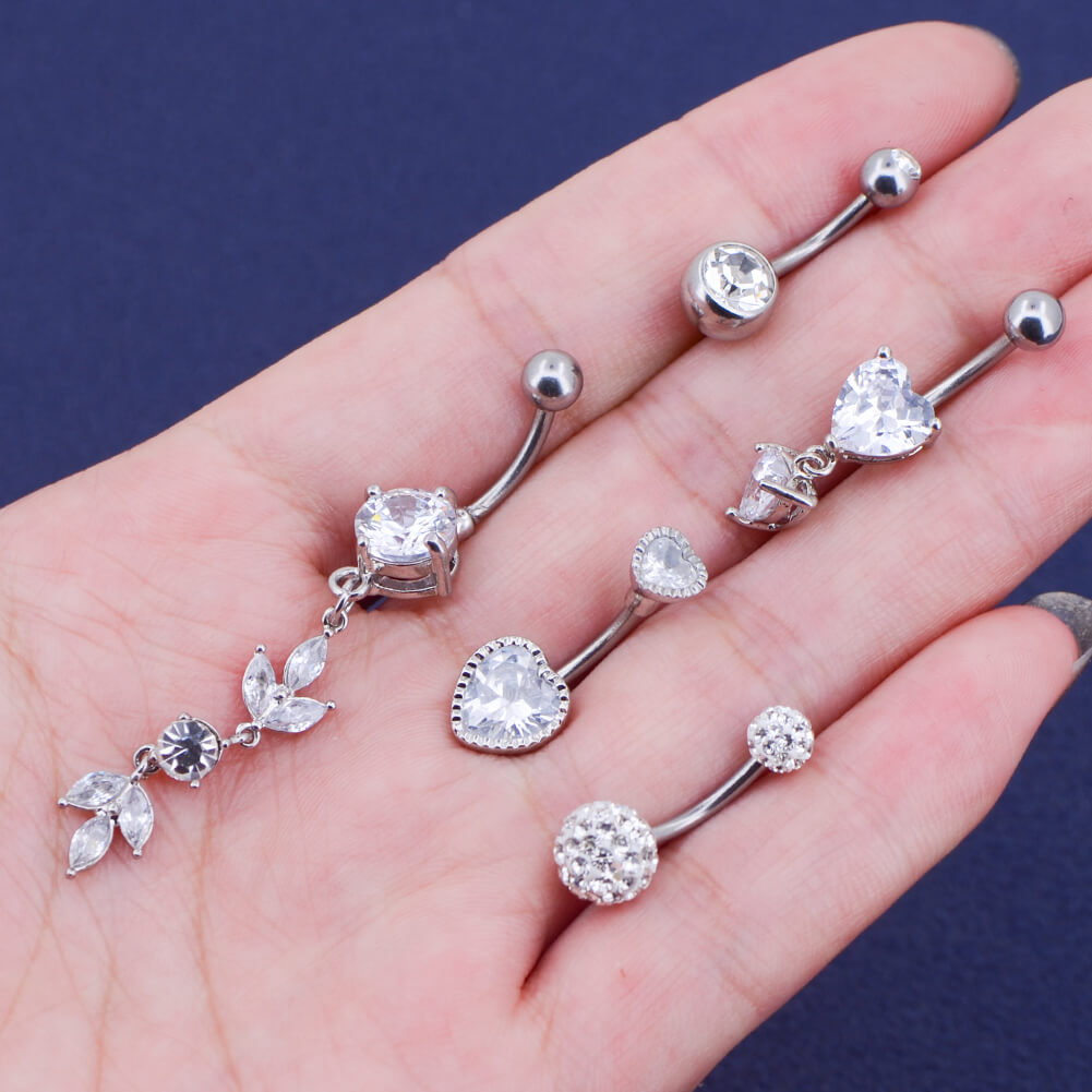 5Pcs 14G Crystal CZ Dangle and Stud Belly Rings Pack 1 - OUFER BODY JEWELRY 