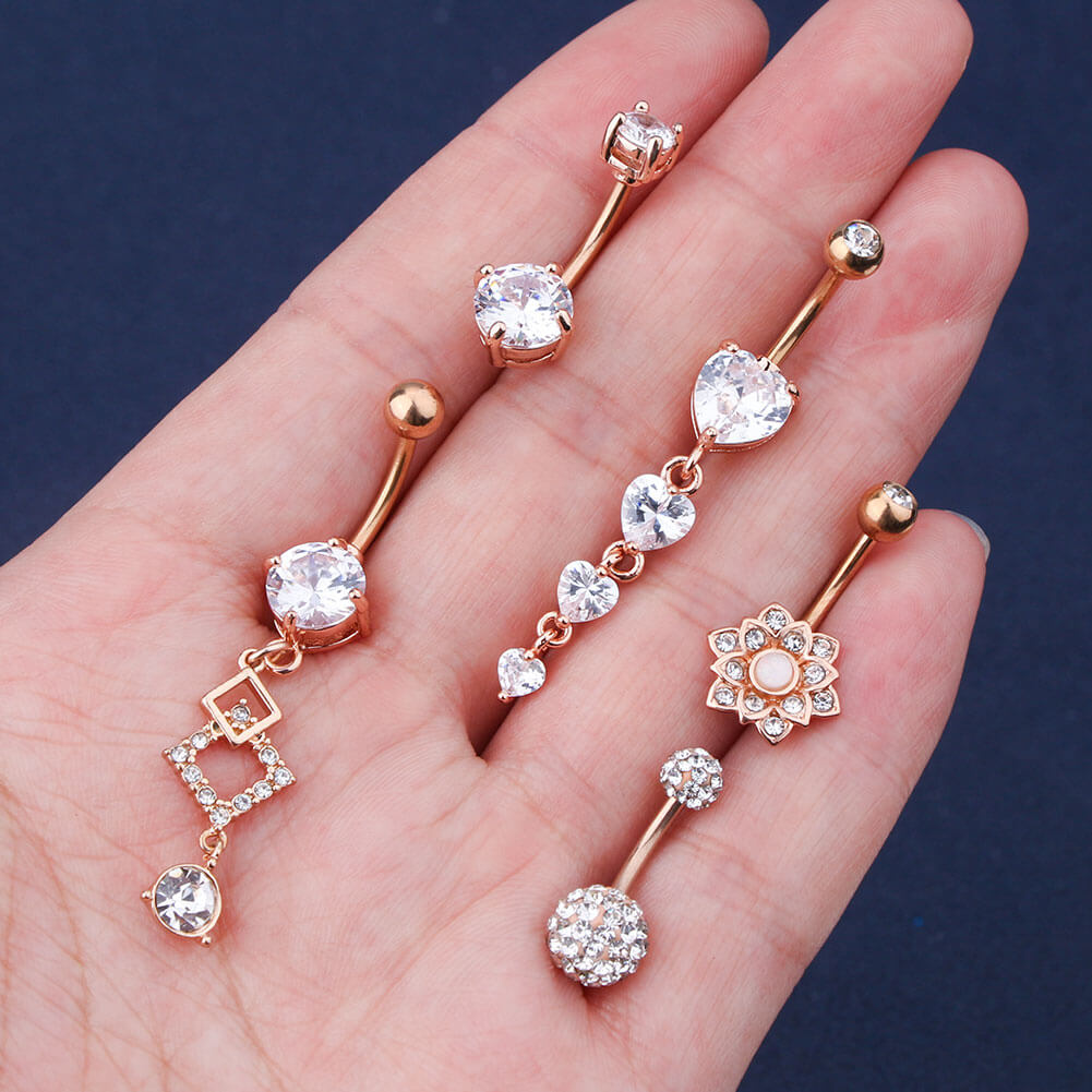 14G Rose Gold Stainless Steel Clear CZ Belly Button Rings Set 2 - OUFER BODY JEWELRY