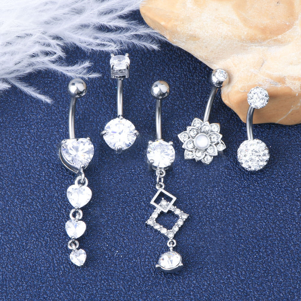 5Pcs Steel Barbell Studs and Dangle Belly Button Rings Set 3 - OUFER BODY JEWELRY