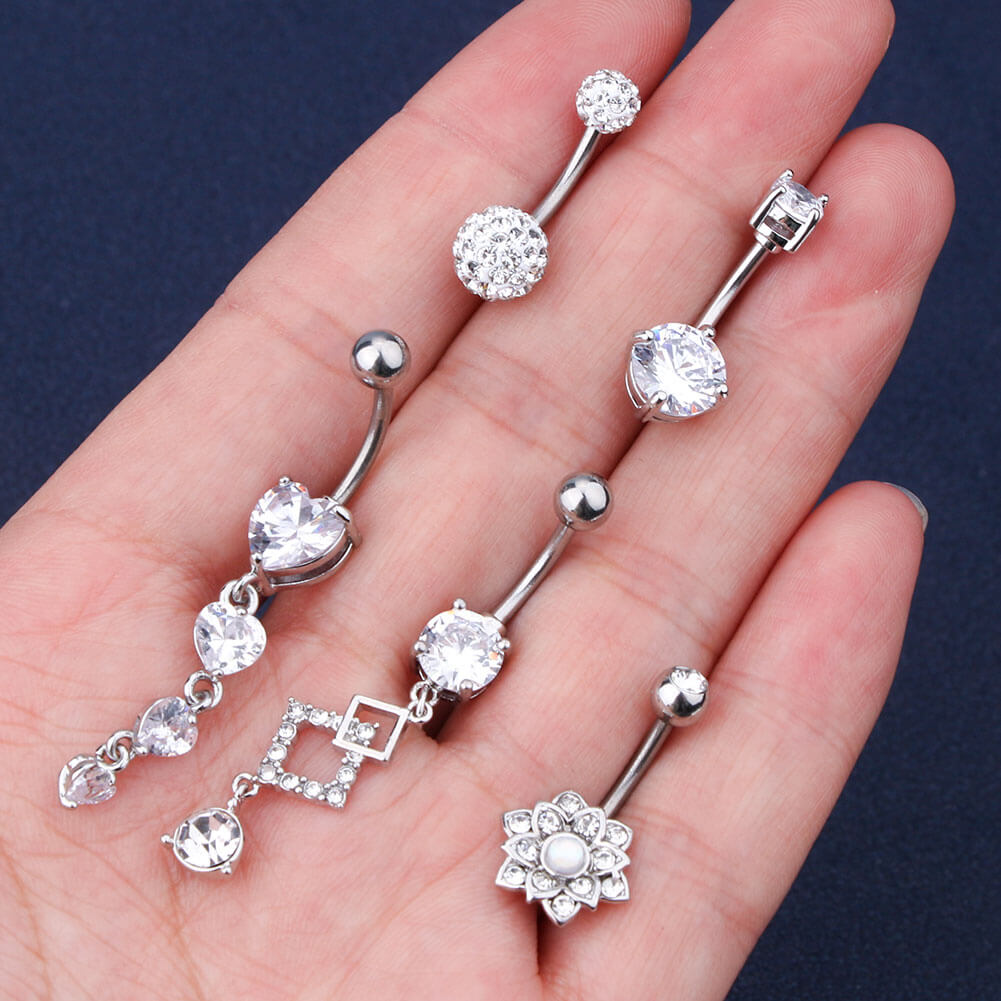 5Pcs Steel Barbell Studs and Dangle Belly Button Rings Set 3 - OUFER BODY JEWELRY