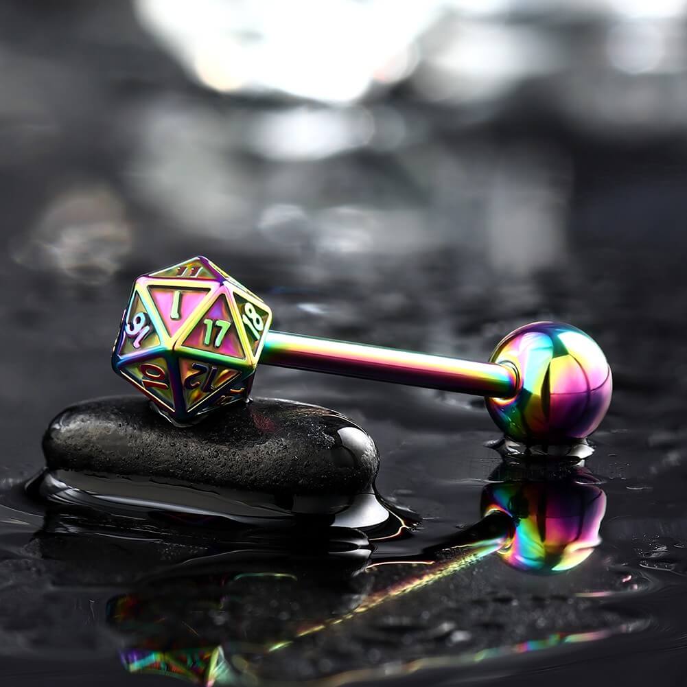 14g D20 Dice Internally Threaded Tongue Ring, Rainbow