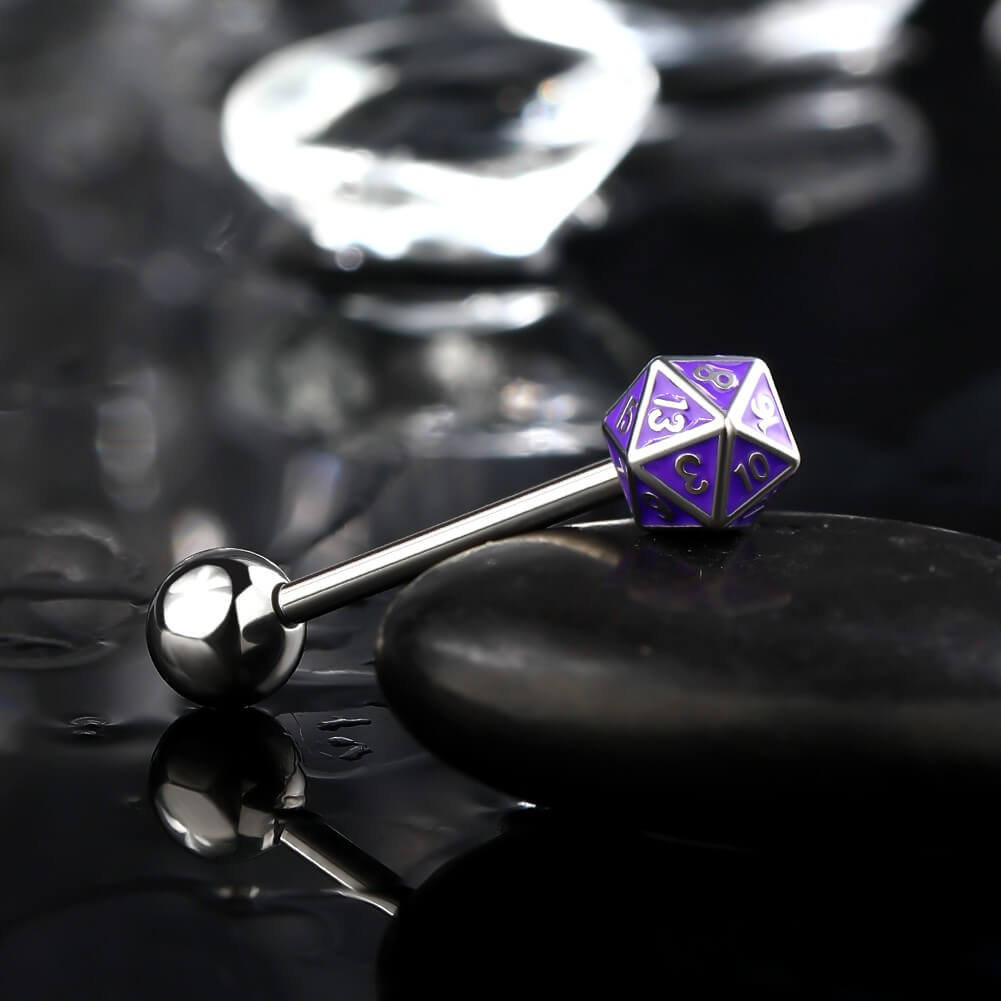 14g D20 Dice Internally Threaded Tongue Ring, Rainbow