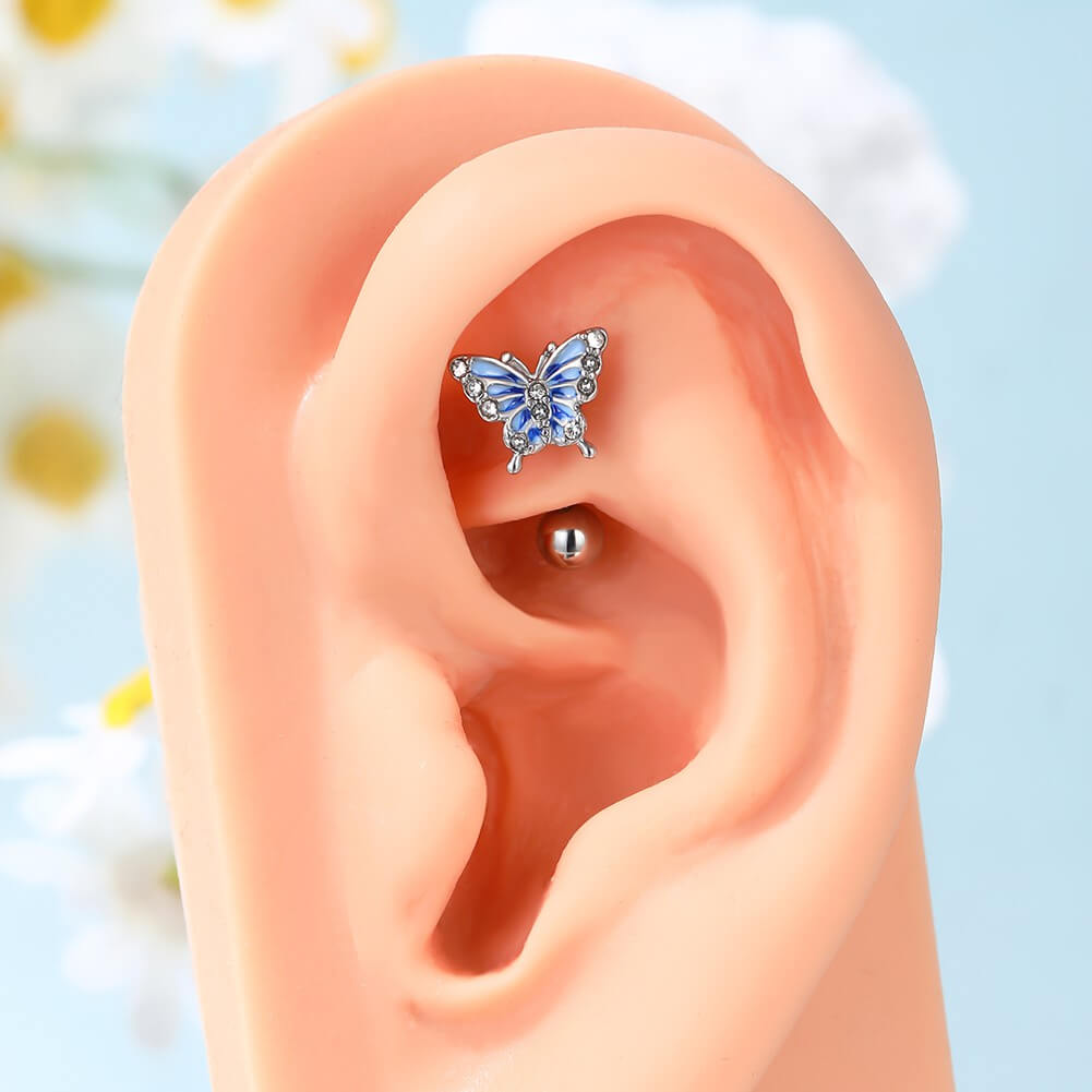 blue butterfly rook piercing 